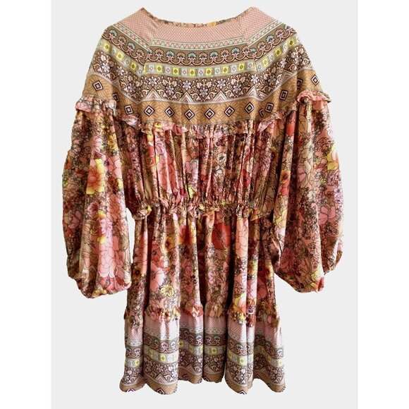 Gypsy Boho Mini Dress Champagne and Pink Cotton Tiered Balloon Sleeves - M/L - Picture 9 of 10